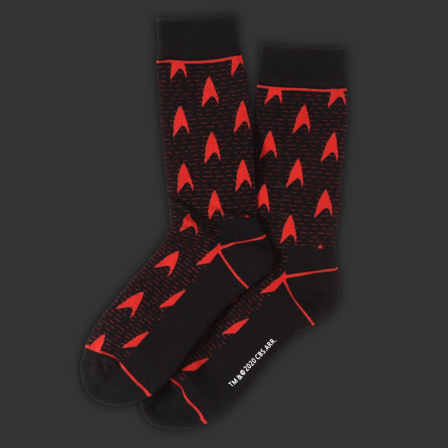 Black socks with a red Star Trek delta logo pattern.