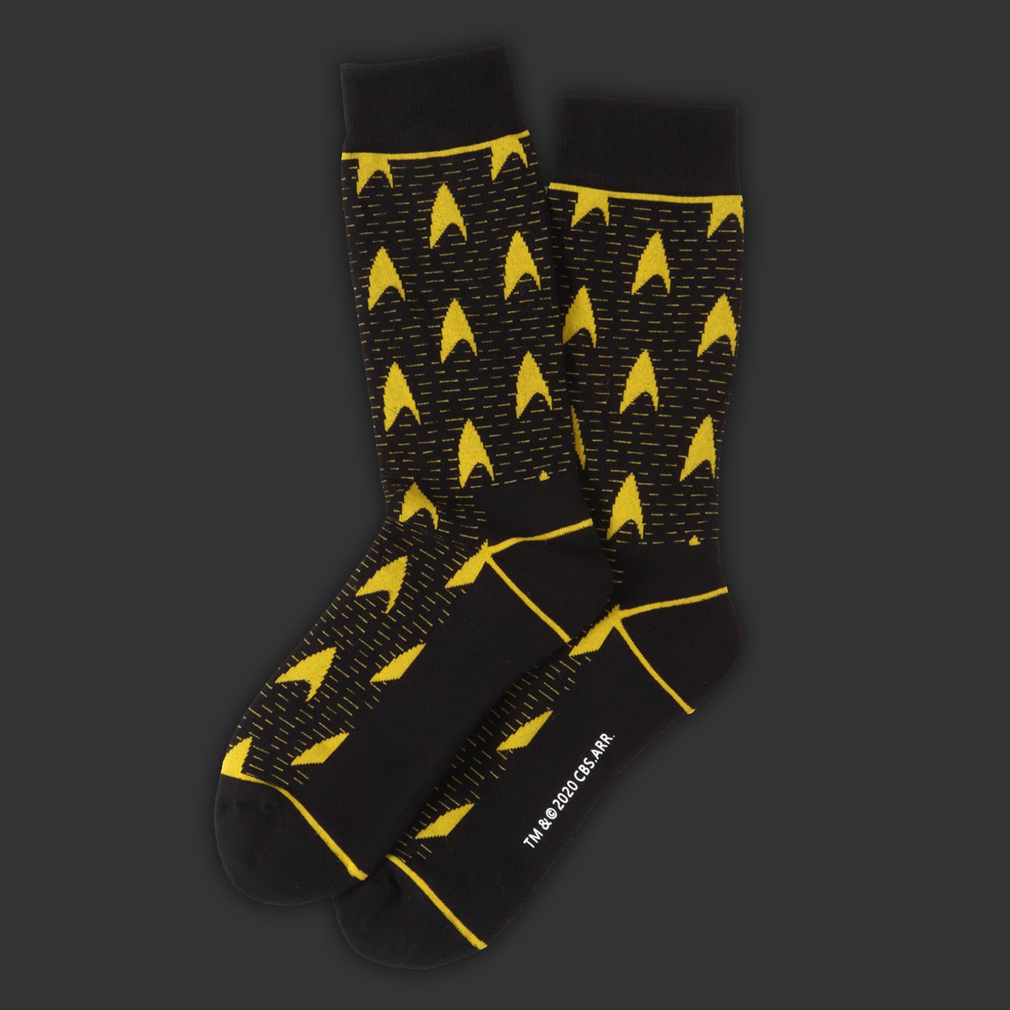 Black socks with a yellow Star Trek delta logo pattern.
