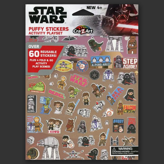 A rectangular page covered in puffy stickers, each depicting a cartoon rendering of characters from Star Wars. At the top is a depiction of Darth Vader wielding his red lightsaber. Black and red text at the top left corner says "Star Wars puffy stickers activity playset."