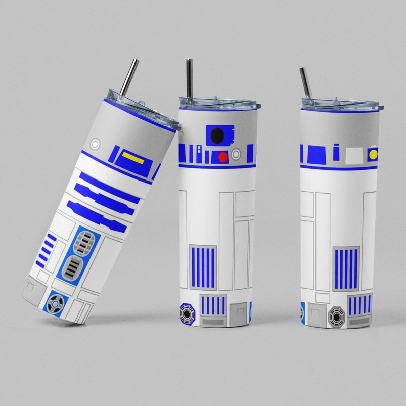 Three stainless steel tumblers on a white background. Each has a wraparound image, with different parts of the image visible on each tumbler. The three tumblers are designed to resemble the droid R2D2 from Star Wars.