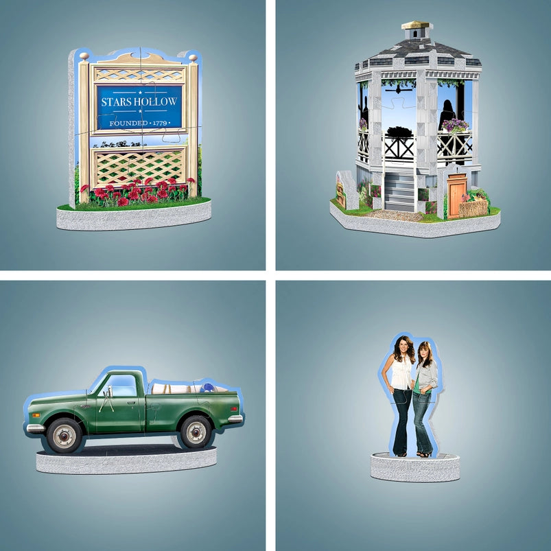 Parts of a 3D jigsaw puzzle depicting Stars Hollow from the TV series "Gilmore Girls."