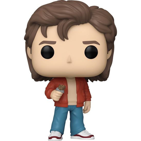 A bobblehead figure depicting Steve Harrington from the TV series Stranger Things, against a white background. He is wearing jeans and a red jacket, and carrying a candy bar.