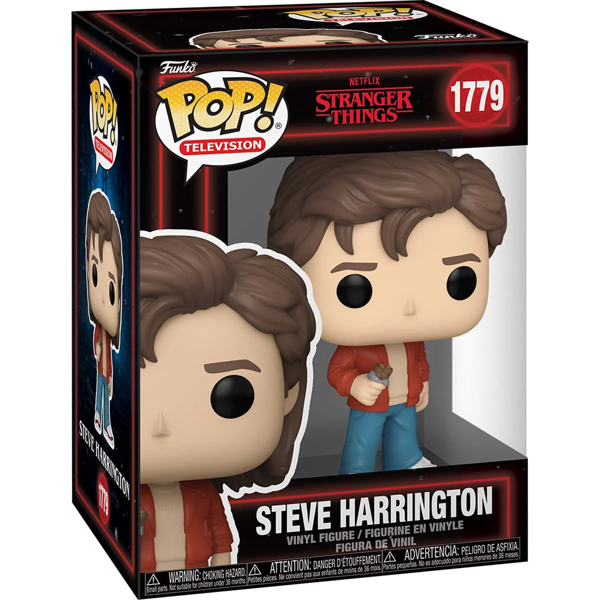 A cardboard box with a transparent front, containing a bobblehead figure depicting Steve Harrington from the TV series Stranger Things. He is wearing jeans and a red jacket, and carrying a candy bar.