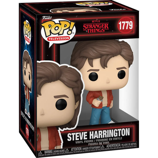 A cardboard box with a transparent front, containing a bobblehead figure depicting Steve Harrington from the TV series Stranger Things. He is wearing jeans and a red jacket, and carrying a candy bar.