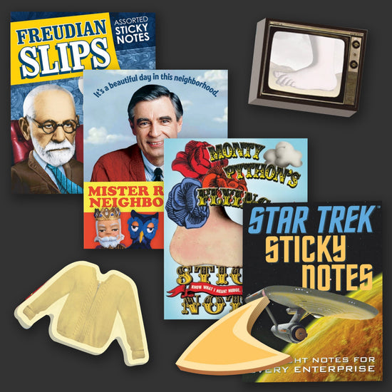 A collection of sticky note sets on a grey background. Each note set depicts a different theme, including Star Trek, Monty Python's Flying Circus, Freudian Slips, and Mister Rogers Neighborhood.