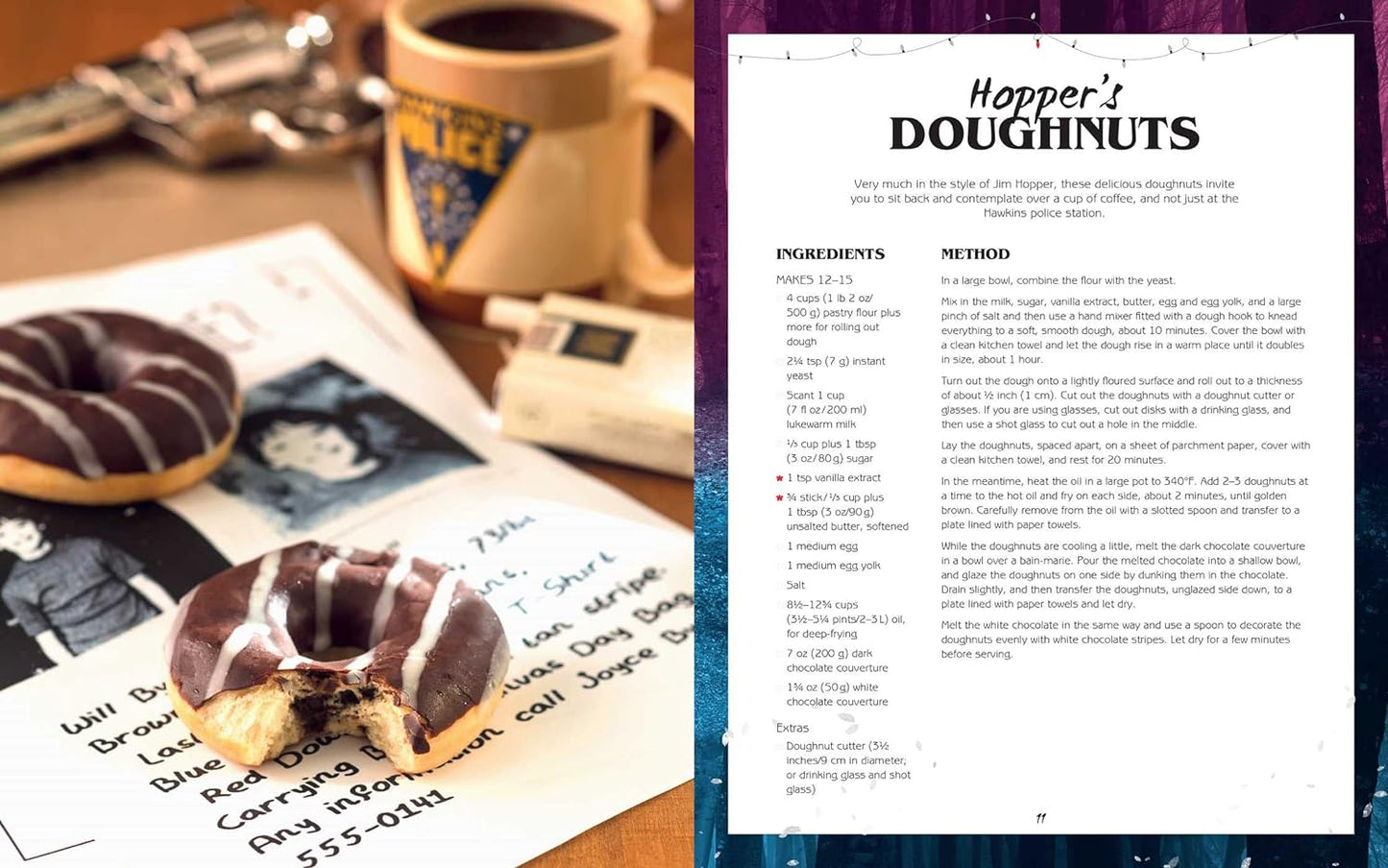 A two-page spread from the book. On the left are chocolate donuts sitting on a desk. Around them are a coffee cup with a police logo, a revolver, a pack of cigarettes, and photos of a missing child. On the right is a recipe for Hopper's doughnuts.