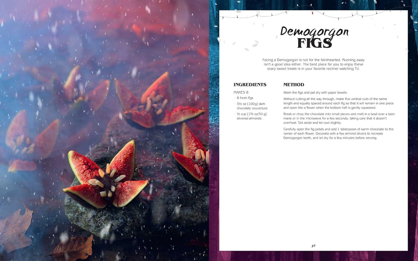 A two-page spread from the book. On the left are figs decorated to look like the faces of a demogorgon monster. On the right is a recipe for demogorgon figs.