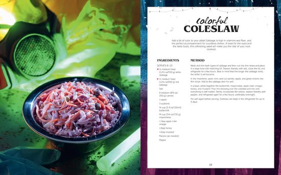 A two-page spread from the book. On the left is a bowl of colorful coleslaw, being held by a person in a hazmat suit. On the right is a recipe for colorful coleslaw.