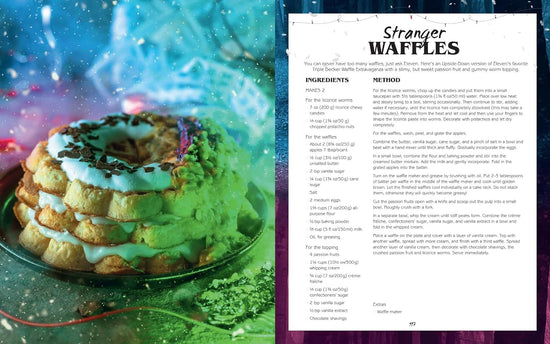 Load image into Gallery viewer, A two-page spread from the book. On the left is a plate of waffles with whipped cream, chocolate chips, and other sweet toppings, on a table. Behind the waffles are blue and green lights. On the right is a recipe for stranger waffles.
