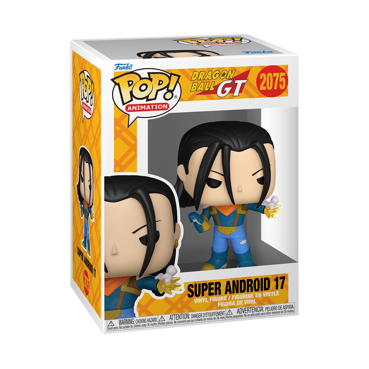 A cardboard box with a transparent front, containing a bobblehead figure depicting Super Android 17 from Dragonball Z.