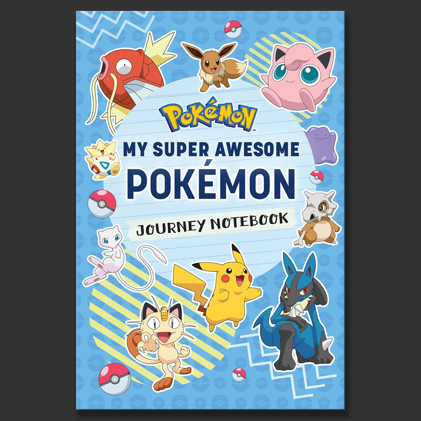 Pokémon notebook cover with various Pokémon characters on a grey background