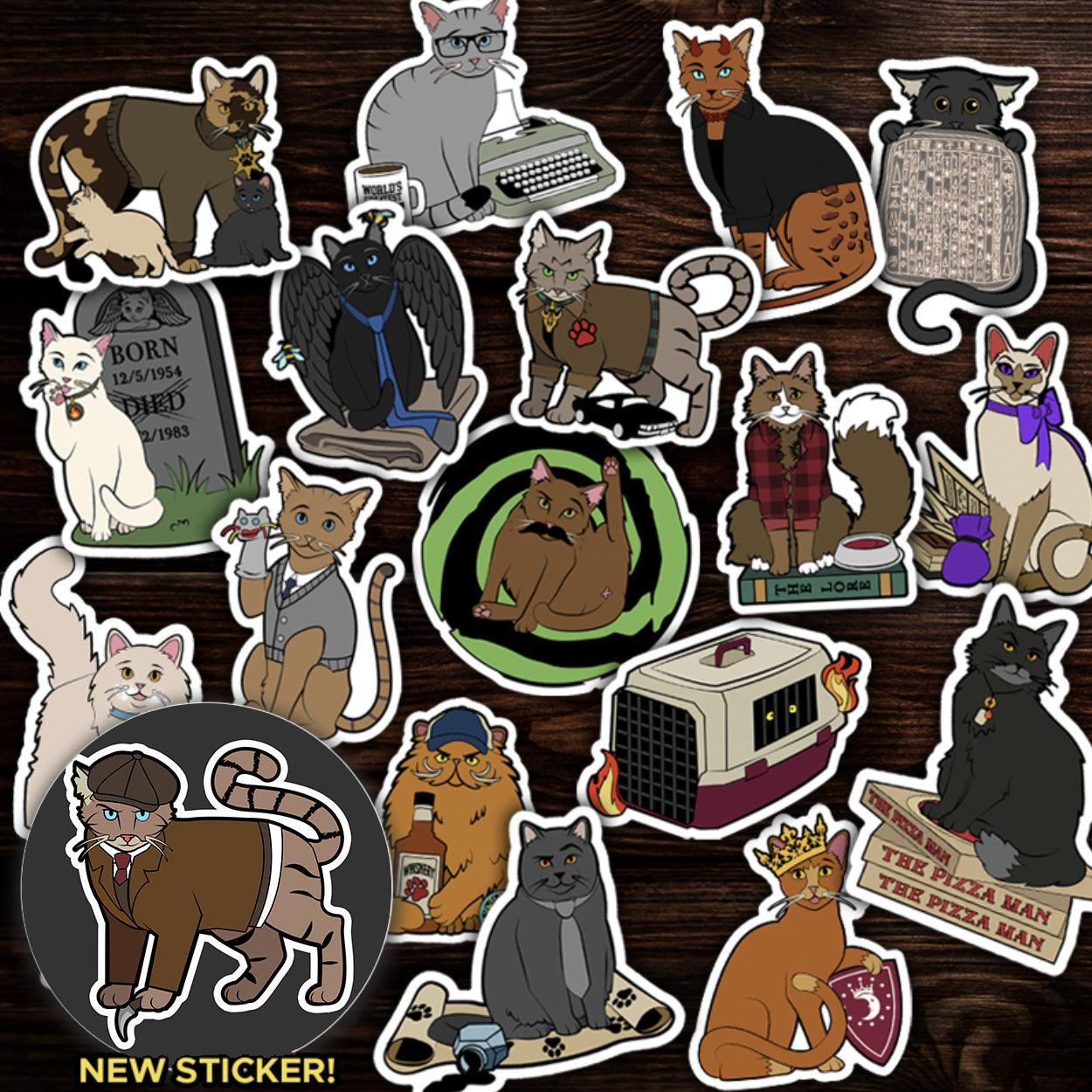 Collection of various cat-themed stickers on a wooden surface. On the bottom left is an inset circle that reads "NEW STICKER!" with an image of Meowchael Dean, the newest sticker.