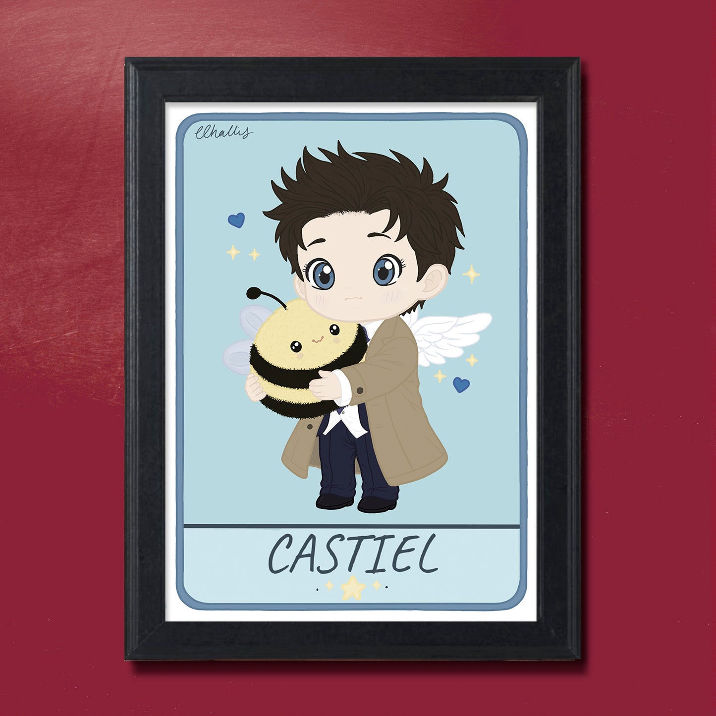 A chibi-style drawing of Castiel holding a stuffed bee.