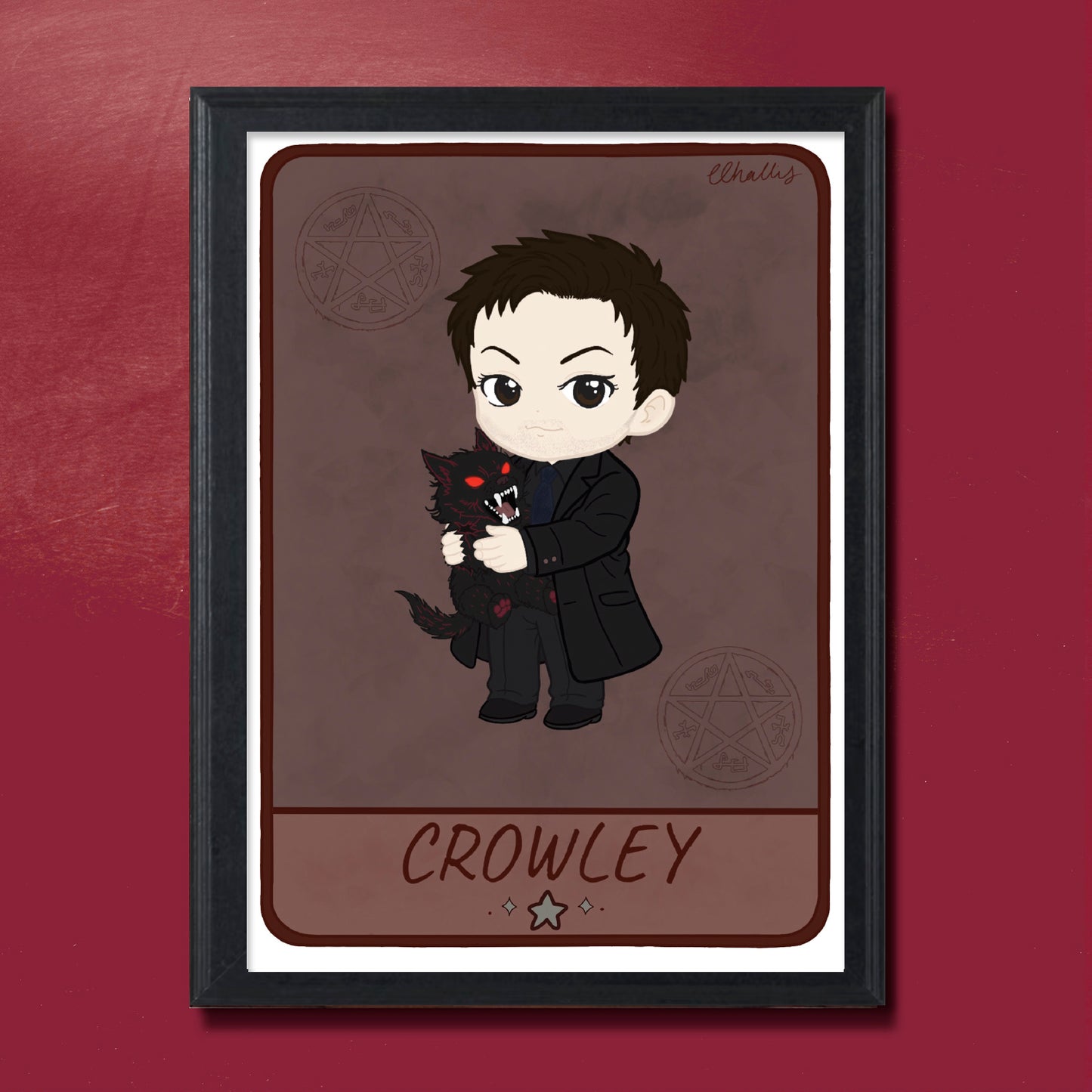 Illustration of a character holding a black cat with 'Crowley' written below, framed against a red background.