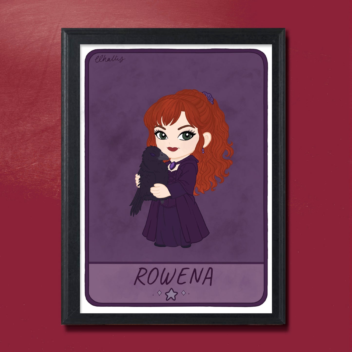 Framed illustration of a character named Rowena on a purple background