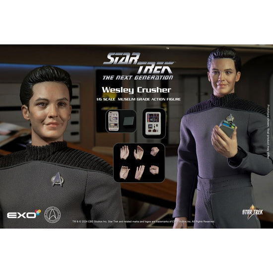 An action figure depicting the character Wesley Crusher from the TV series "Star Trek: The Next Generation." The figuring is dressed in Wesley's iconic grey uniform. Silver and white text at the top says "Star Trek the never generation, Wesley Crusher. One sixth scale museum grade action figure." In the background is the bridge of the Starship Enterprise 1701-D. In the center is an inset image showing the different swappable hands that come with the figurine.