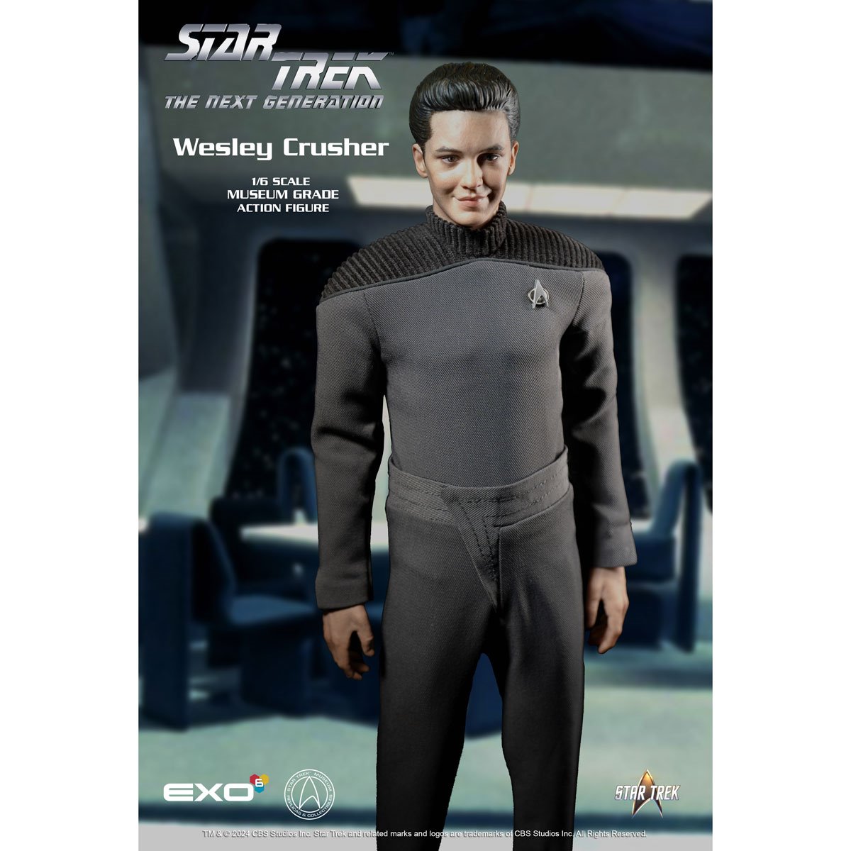 An action figure depicting the character Wesley Crusher from the TV series "Star Trek: The Next Generation." The figuring is dressed in Wesley's iconic grey uniform. Silver and white text at the top says "Star Trek the never generation, Wesley Crusher. One sixth scale museum grade action figure." In the background are tables and chairs from Ten Forward, with stars visible through the viewports.