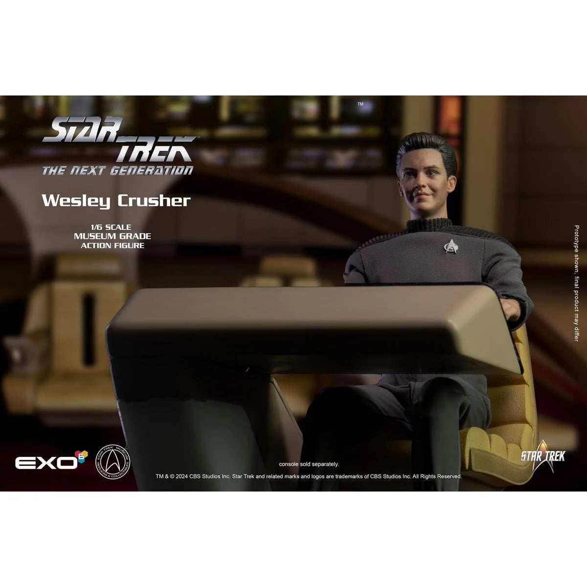 An action figure depicting the character Wesley Crusher from the TV series "Star Trek: The Next Generation." The figuring is dressed in Wesley's iconic grey uniform. Silver and white text at the top says "Star Trek the never generation, Wesley Crusher. One sixth scale museum grade action figure." The figure is seated at the helm of the Enterprise, with the starship's bridge in the background.