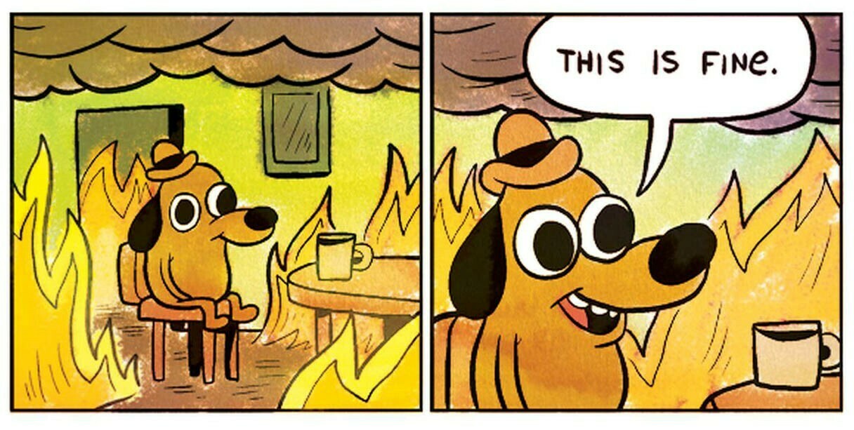 Comic strip with a dog in a burning house saying 'This is fine'.