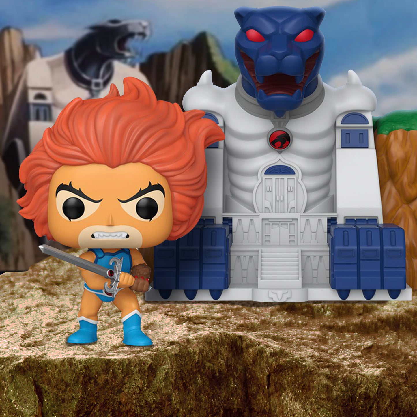 A bobblehead figure depicting the character Lion-O from the cartoon series Thundercats, standing next to the Cat's Lair fortress.