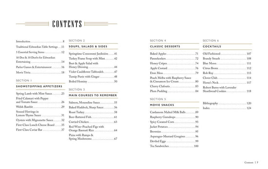 A two-page spread from the book, with black text listing the table of contents.