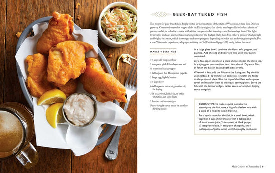 A two-page spread from the book. On the left is a basket with fried fish and tarter saice, on a wood table. On the right is a recipe for beer-battered fish.