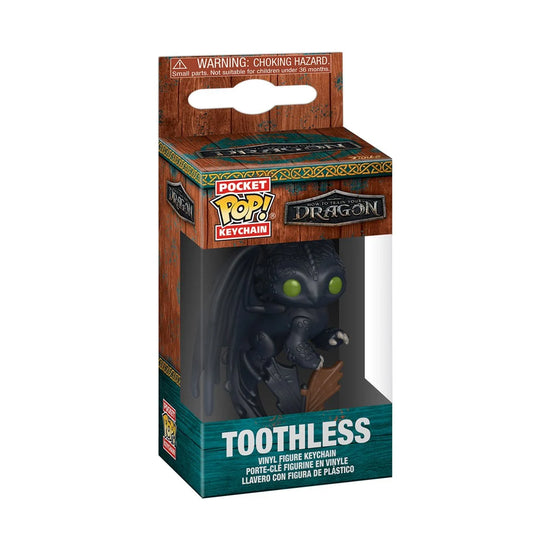 A cardboard box depicting the dragon Toothless from the live action movie "How to Train Your Dragon." The dragon has dark green eyes and claws, and has a metal key ring on its head.