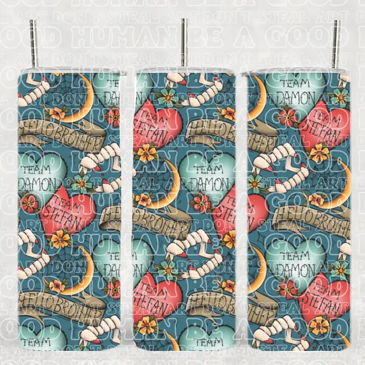 Three stainless steel tumblers on a white background. Each has a wraparound image, with different parts of the image visible on each tumbler. The combined tumblers show a collage of Team Damon and Team Stefan heart tattoos from The Vampire Diaries.