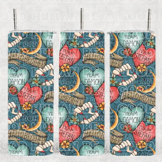 Three stainless steel tumblers on a white background. Each has a wraparound image, with different parts of the image visible on each tumbler. The combined tumblers show a collage of Team Damon and Team Stefan heart tattoos from The Vampire Diaries.