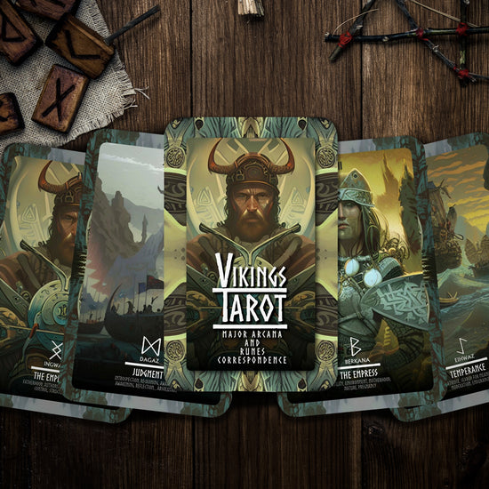 Five rectangular cards on a dark wood background. Each card displays a drawing of a Viking. On each card is a Nordic Rune, with the name and description of the Rune beneath it.