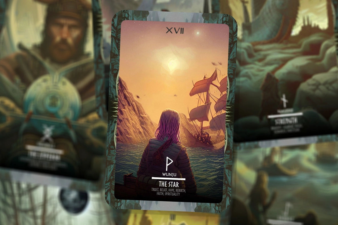 Load image into Gallery viewer, A collage of Viking-themed tarot cards. The center card depicts a long-haired person staring into the evening sky, with a bright start in the top right corner. In front of the person is a Viking ship near rocky cliffs.
