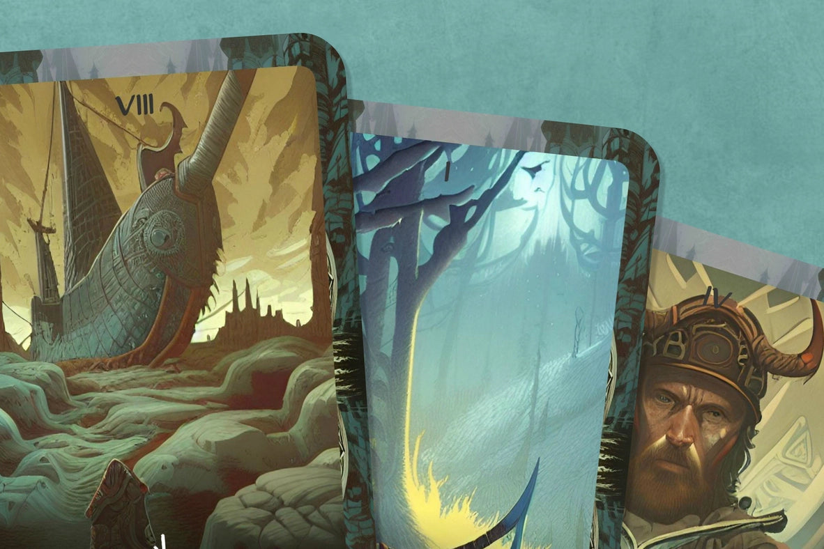 Load image into Gallery viewer, Three Viking-themed tarot cards on a teal background. Each card includes a Nordic drawing and rune.
