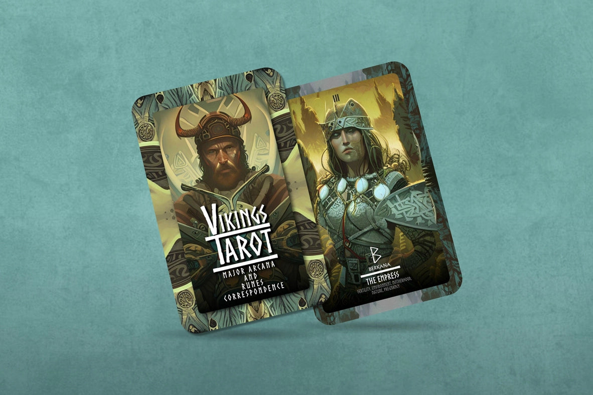 Two rectangular cards on a teal background. Each card displays a drawing of a Viking. On each card is a Nordic Rune, with the name and description of the Rune beneath it.