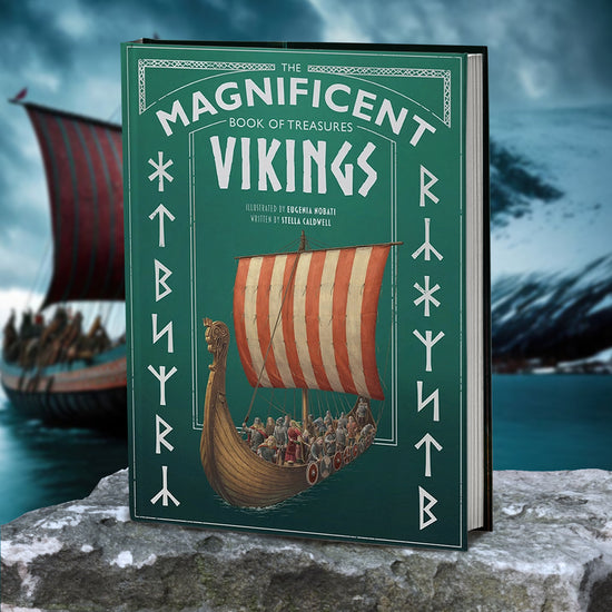 A green book cover with white text reading “The Magnificent Book of Treasures: Vikings” at the top, standing on a rock against a frozen river background. White Nordic runes are printed on the left and right sides of the cover. At the center is a drawing of a Viking boat, with a read and white striped sail. Standing in the boat are Vikings wearing armor.
