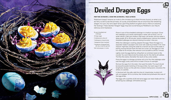 A two-page spread from the book. On the left is a bird's next against a purple and black background, with deviled eggs in the center. On the right is a recipe for deviled dragon eggs.