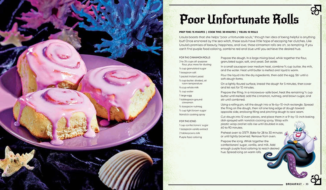 A two-page spread from the book. On the left are bright pink cinnamon rolls, on a pink plate, surrounded by seashells and coral. On the right is a recipe for poor unfortunate rolls.