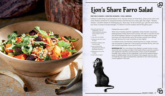 A two-page spread from the book. On the left is a wooden bowl filled with salad, surrounded by bones. On the right is a recipe for lion's share ferro salad.