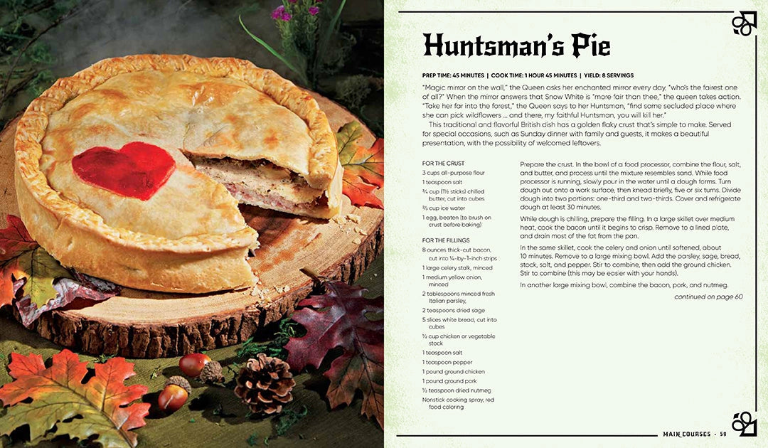 A two-page spread from the book. On the left is a meat-filled, flaky pie, on a plate shaped like a tree stump, surrounded by leaves and acorns. The pie has a red heart on the top. On the right is a recipe for huntsman's pie.