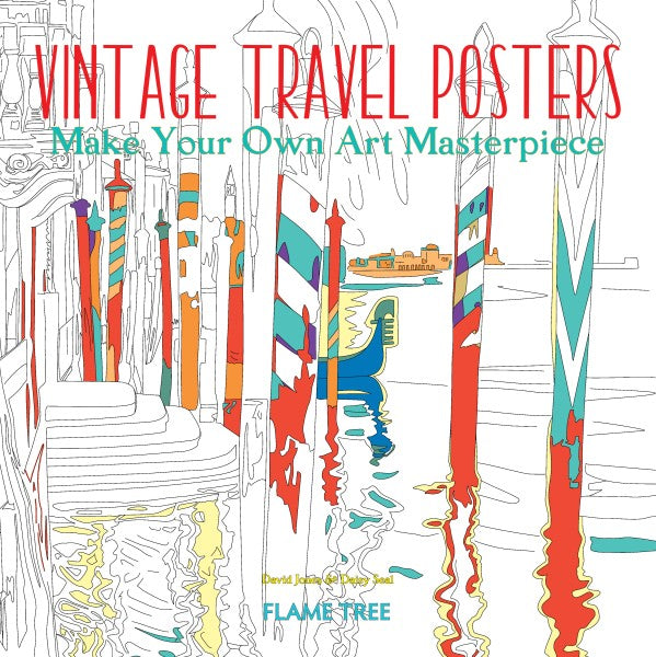 A white coloring book featuring a partially black and white image of Venice, Italy. Red and green text at the top says Vintage Travel Posters, make your own art masterpiece.