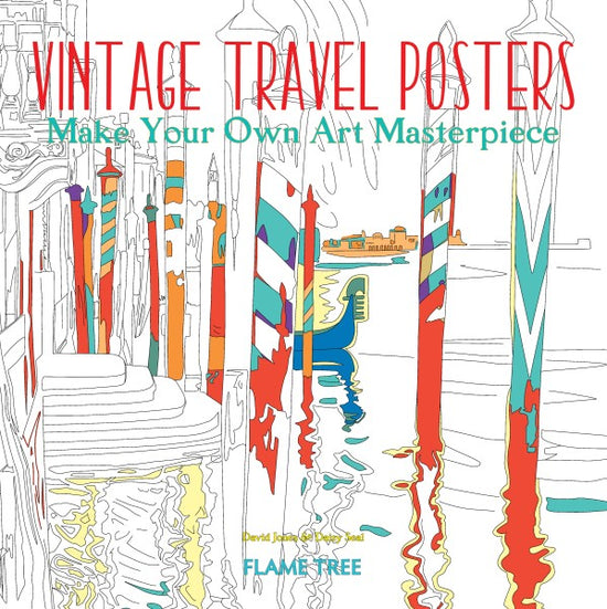 A white coloring book featuring a partially black and white image of Venice, Italy. Red and green text at the top says Vintage Travel Posters, make your own art masterpiece.