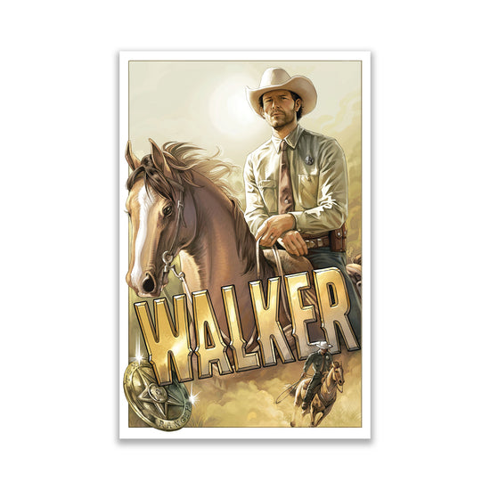 A drawing of the character Walker, portrayed by actor Jared Padalecki, on horseback. Under the horse is gold text saying "walker," with a sheriff's badge next to it.