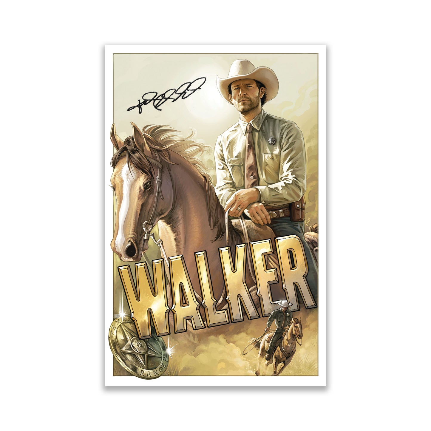 A drawing of the character Walker, portrayed by actor Jared Padalecki, on horseback. Under the horse is gold text saying "walker," with a sheriff's badge next to it. At the top is Jared Padalecki's autograph.
