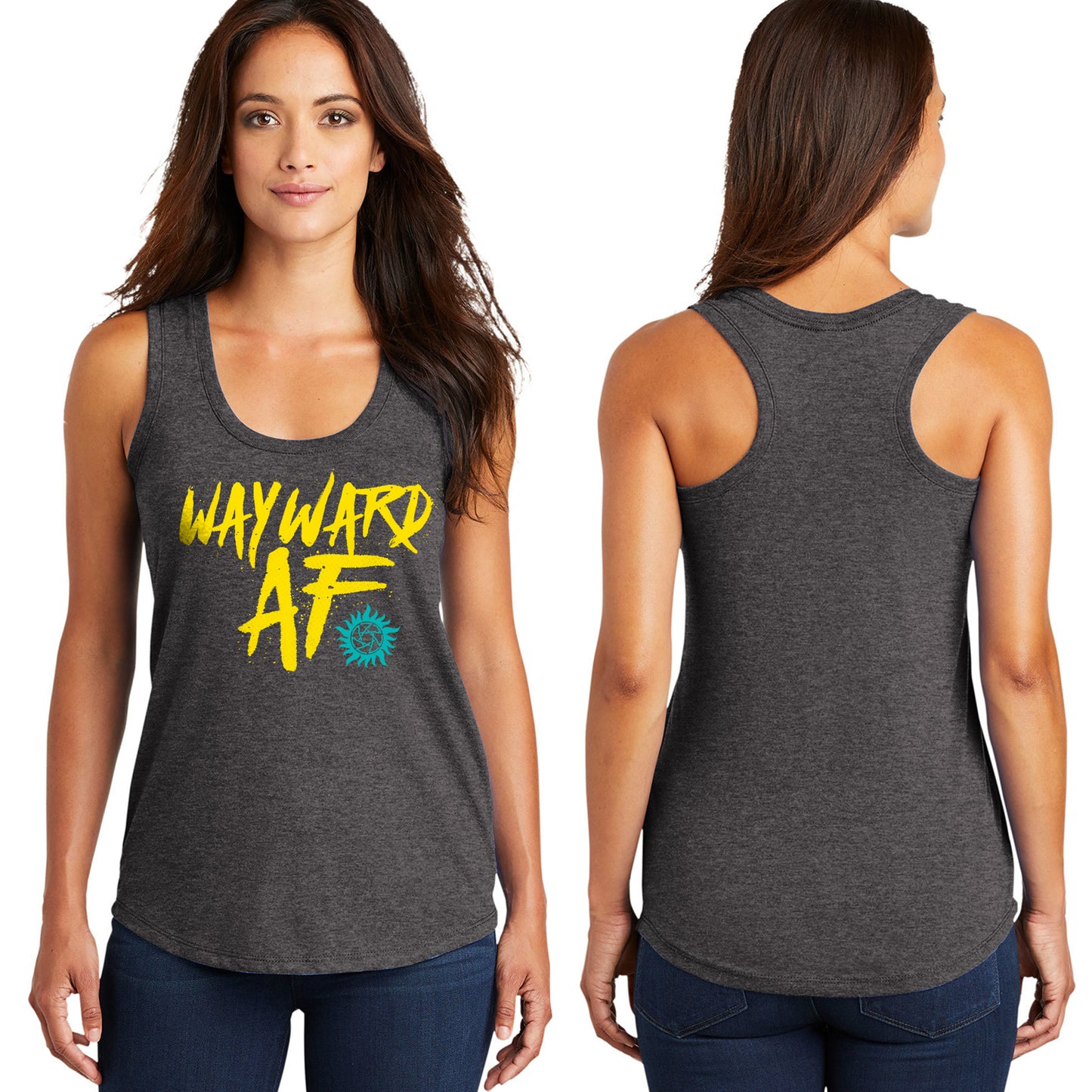 Front and back of a female model in a grey tank top. On the front is yellow text that says "Wayward AF." At the bottom right corner is a teal anti-possession symbol.