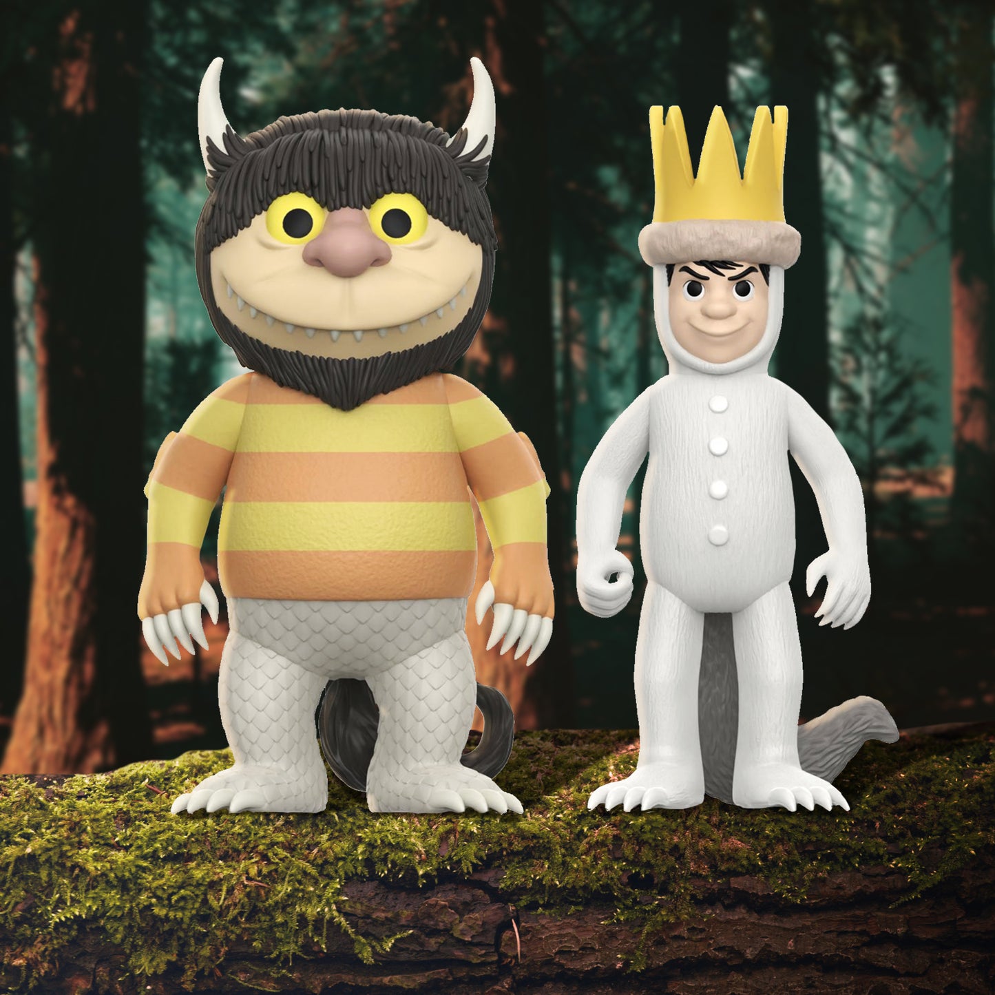 Two figurines on a grassy log in the forest. The figurines depict Carol and Max from Where The Wild Things Are.