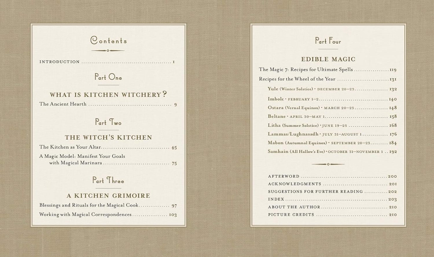 A two-page spread from the book, with gold text listing the table of contents.