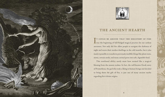 Load image into Gallery viewer, A two-page spread from the book. On the left is a black and white drawing of a witch performing a ritual at a fiery hearth. On the right is black text describing The Ancient Heart.
