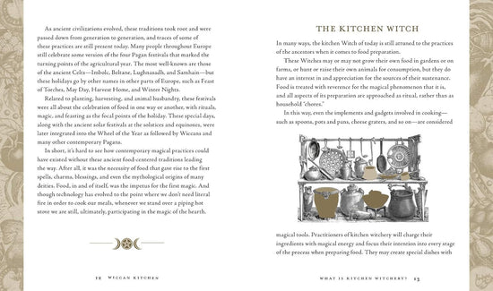 Load image into Gallery viewer, A two-page spread from the book. Black text describes the kitchen witch. On the right is a drawing of pots and pans on a rack.
