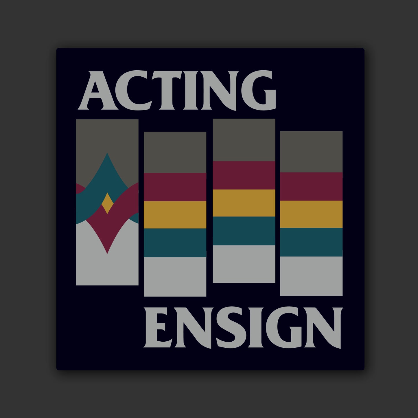 Framed artwork with 'Acting Ensign' text and colorful abstract design on a dark background