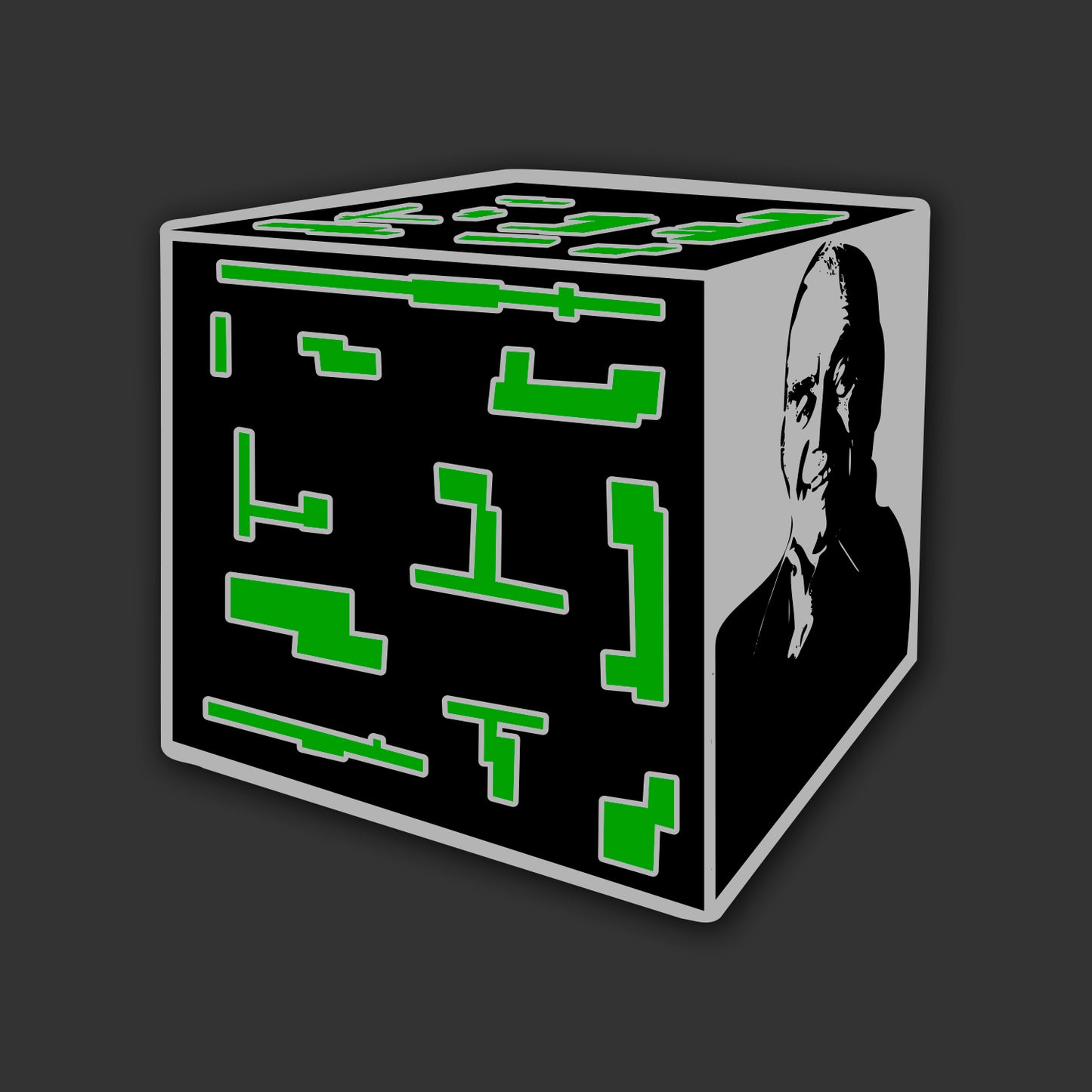 Cube with green geometric patterns and a portrait on a dark background