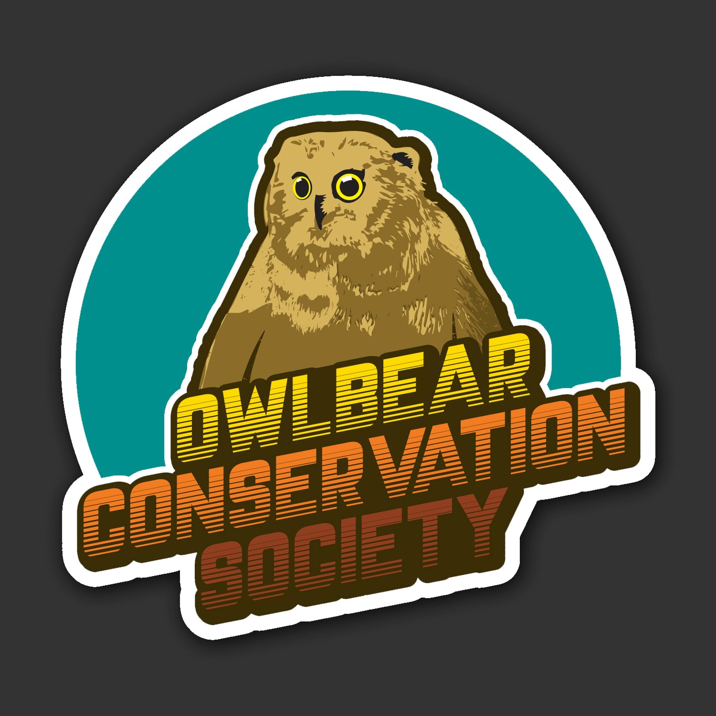 Sticker with an owl design and 'Owlbear Conservation Society' text on a dark background